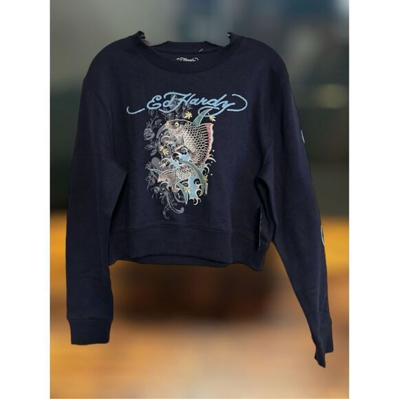 Ed Hardy Womens Navy Blue Koi Fish Cropped Fleece Pullover Sweatshirt Medium NWT - Picture 1 of 4